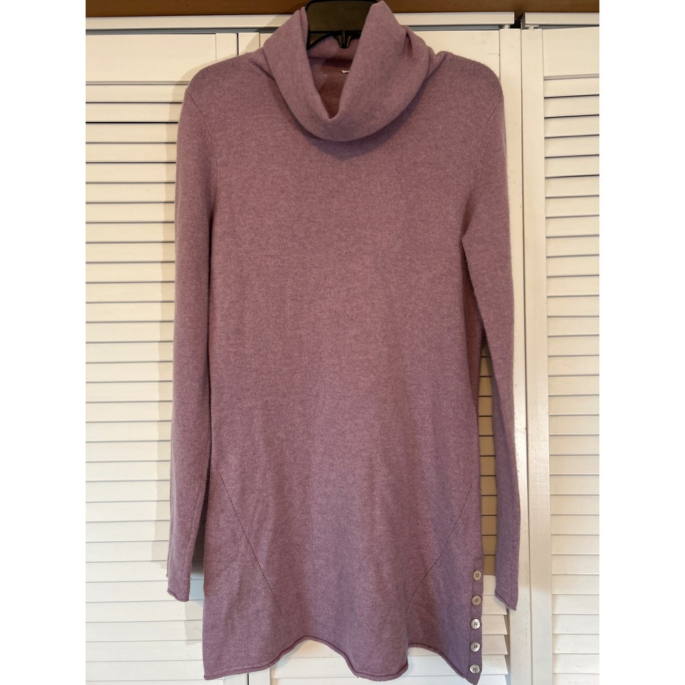 POETRY Cashmere Cowl Neck Tunic Sweater Lilac Button Accent Rolled Hem